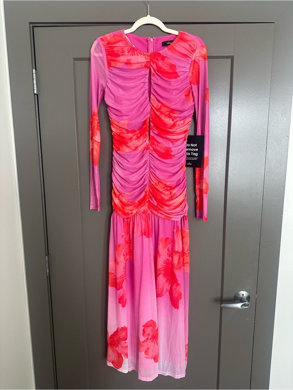 Lulu's Pink Dress with Red Floral Ruched Long Sleeves
